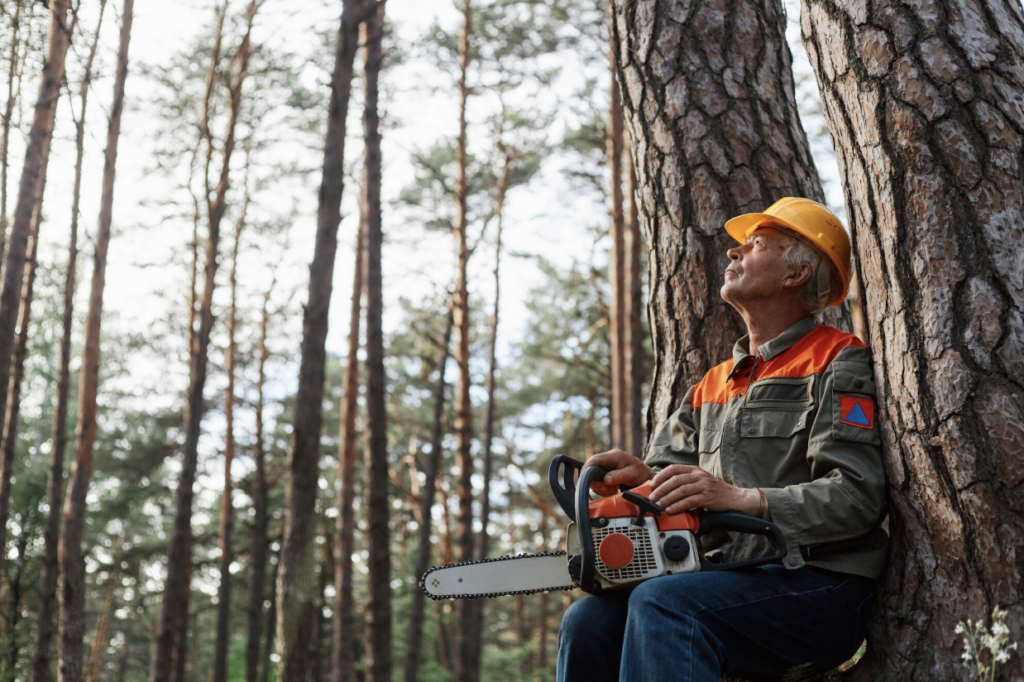 A forestry worker wearing a hard hat rests against a tree while holding a chainsaw in a pine forest.